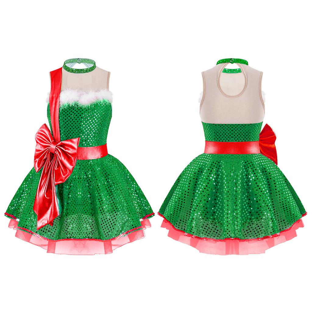 Kids Girls Shiny Sequins Christmas Dance Dress Santa Claus Costumes Ballet Tutu Dress Figure Ice Skating Dress