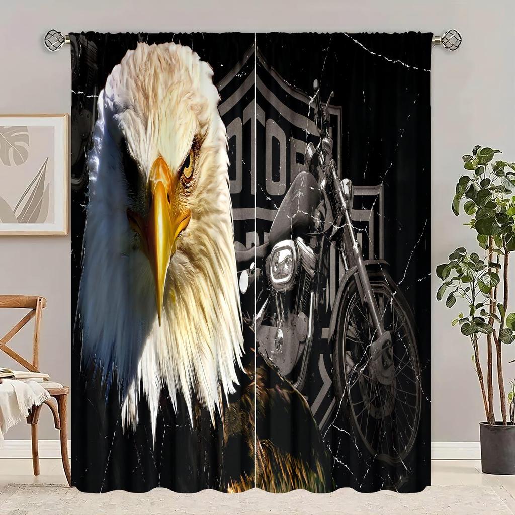2 Pieces - Eagle  Motorcycle Printed Curtain - Polyester Material - Suitable for Bedroom Living Room Study Room Privacy Curtain
