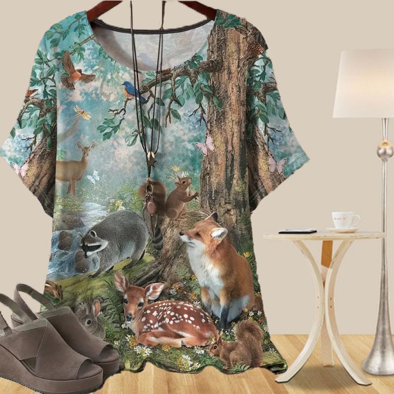 Women's Fashion Casual Loose Spring Shirt Women's Short Sleeve Forest Animal Squirrel Flower Printed Tops