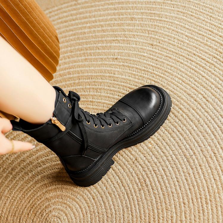 Fashion New Autumn/winter Split Leather Women Boots Round Toe Shoes for Women Fashion Boots Mid Heels Lace Mid-calf Boots Platform Shoes