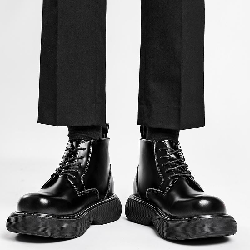 Men's British Style Black Leather Boots - Height Increasing Design, Durable & Stylish for Autumn, Winter & Casual Outfits