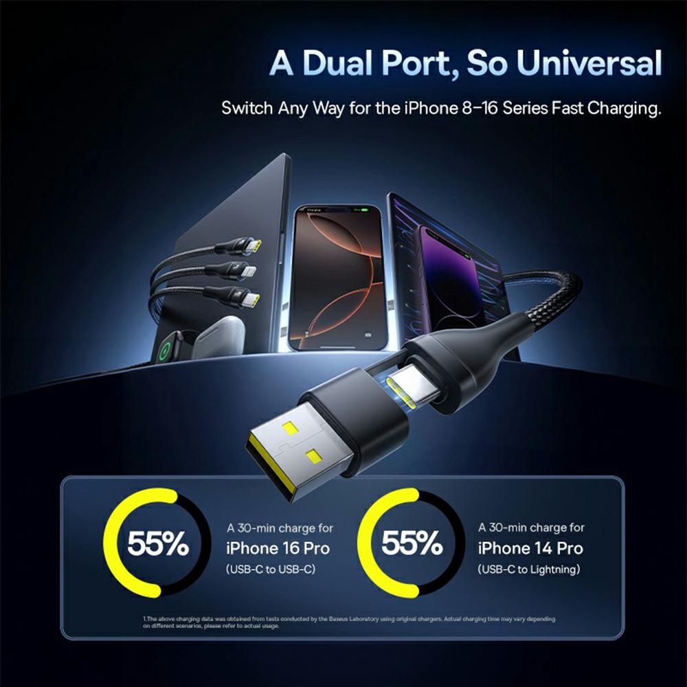 BASEUS Flash Series 3 Two-For-Three Fast Charging Cable USB+Type-C to Type-C+Type-C+Lightning 100W 1.5m,Black