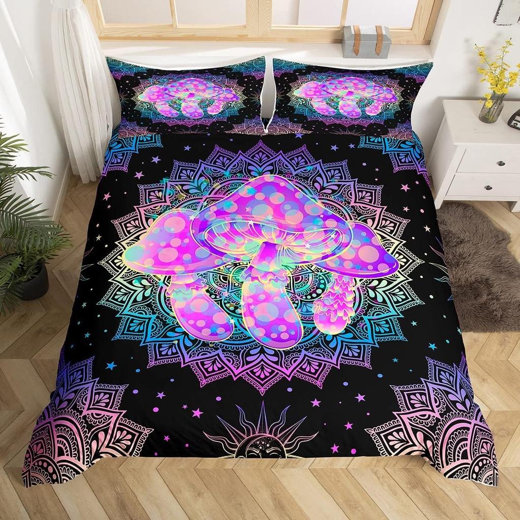 Lotus Duvet Cover Trippy Dreamy Mandala Bedding Set,Boho Floral Comforter Cover Exotic Tribal Damask Flowers Bed Set Twin Queen
