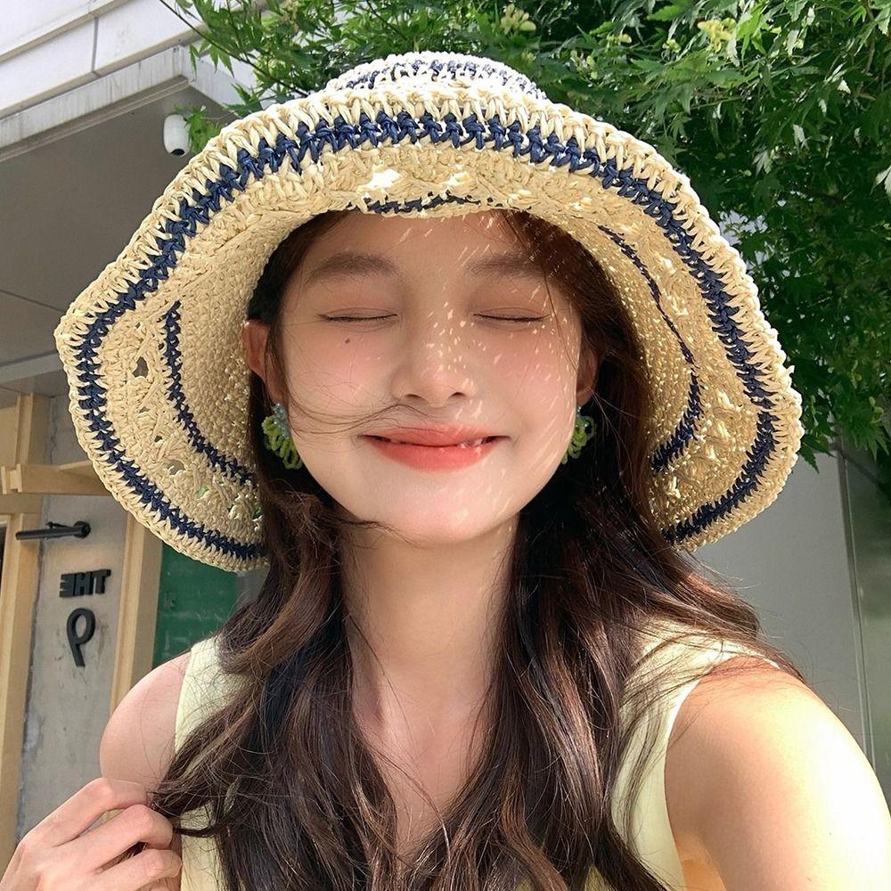 Handmade Weave Crochet Hat Summer Fisherman Caps Ins Straw Bucket Cap  Travel