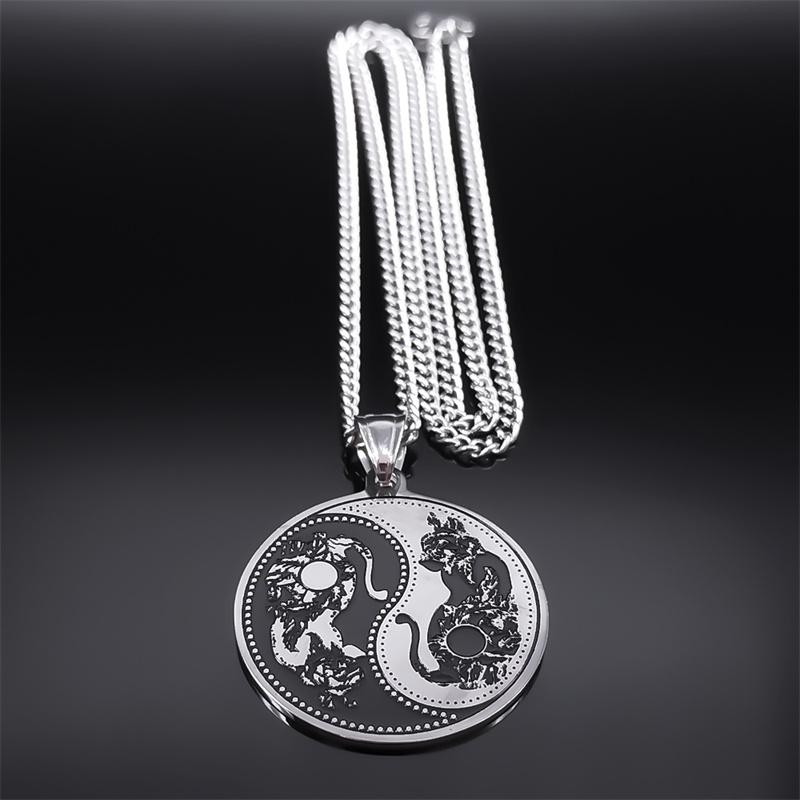 Yin Yang Cat Tai Chi Taoism Pendant Necklace for Women Men Stainless Steel Round Hip Hop Punk Chain Necklaces Jewelry N2521S05
