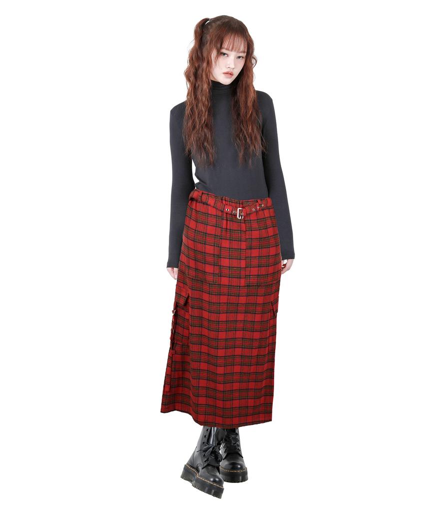 Catharsis Check Belted Elastic Long Skirt Red One Size