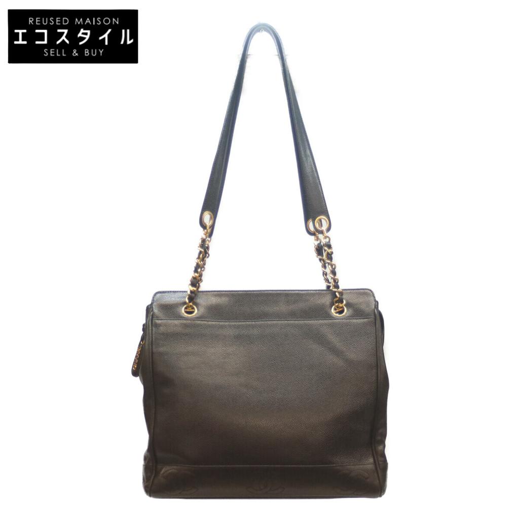 CHANEL No. 2 Black Caviar GHardware Triple Coco Chain Tote Tote Bag blackUsed