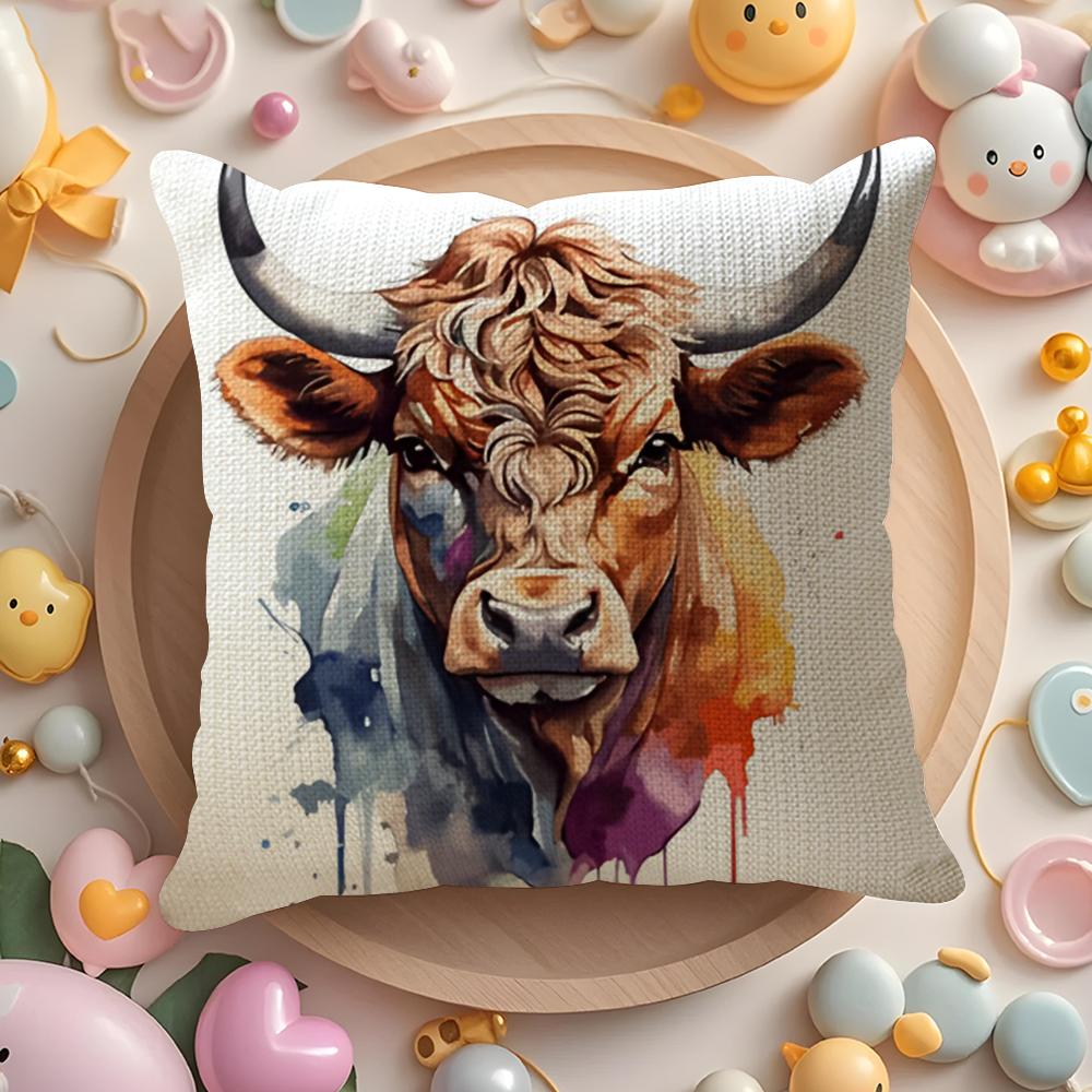 Highland cow and flower Cushion Cover Natural Linen Organic Fabric DoubleSided Printing Sofa Home Decor Gift Pillow Cover