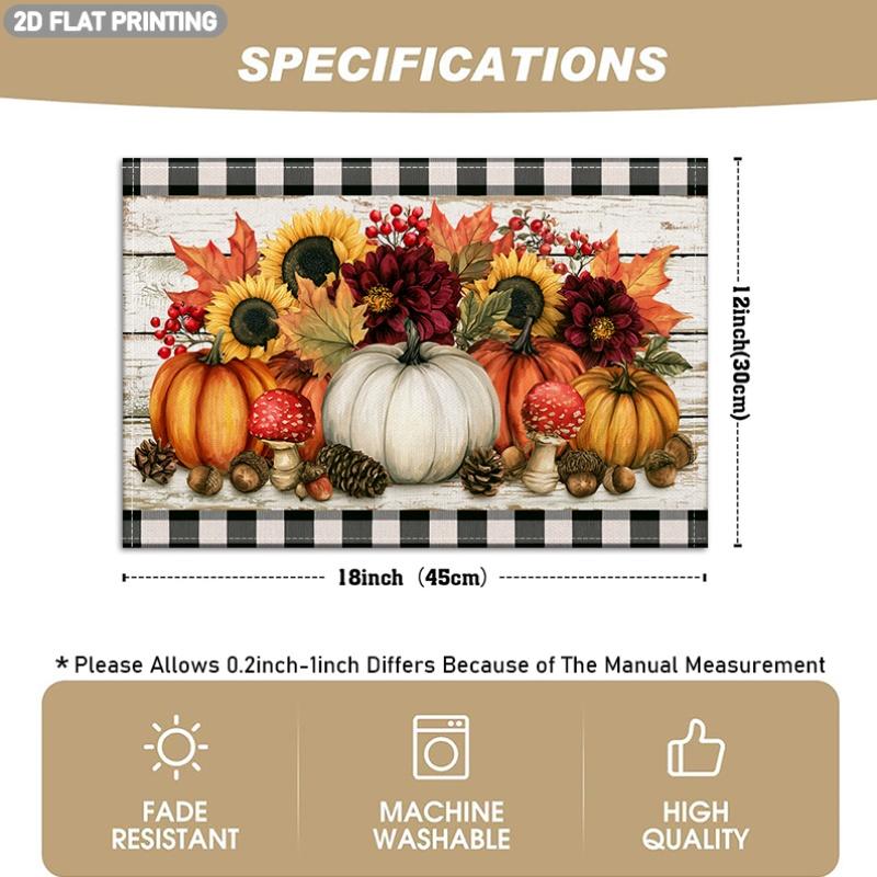 4/6pcs, Black And White Checkered Border, Pumpkin, Sunflower, Maple Leaf, Pinecone Pattern Placemats, Autumn Theme Table Mats, Suitable for Halloween