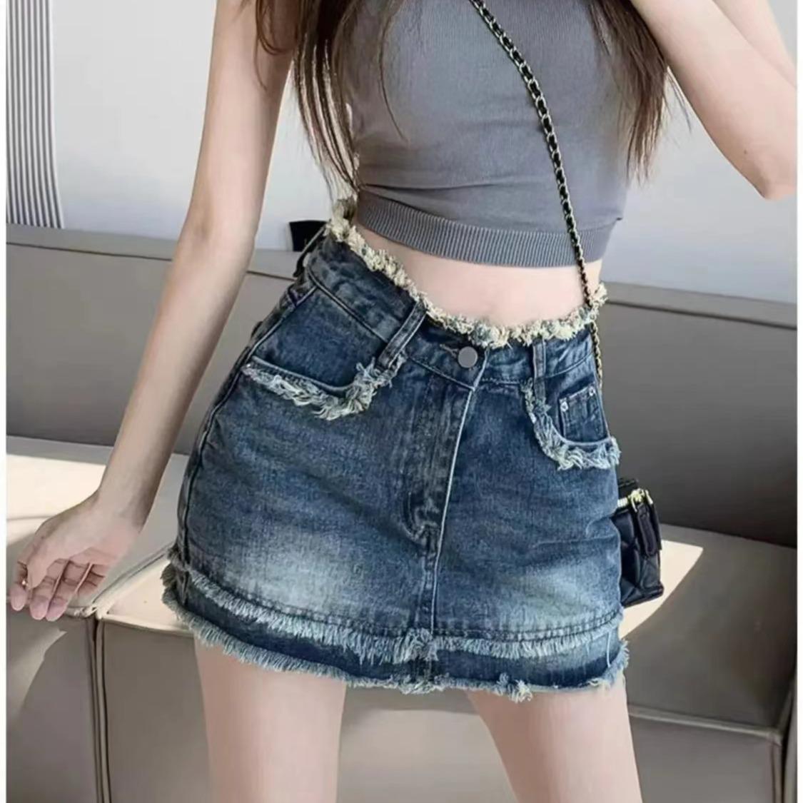 

Женская джинсовая миди-юбка с высокой талией - Летняя мода 2025, Приталенная А-силуэта, Облегающая, Миниатюрная уличная короткая юбка S синий