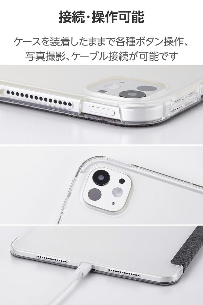 ELECOM iPad Pro Fabric Flap Thin and Clear 11-inch (M4) Case, Case, Lightweight, Back, 2-Angle, Black, TB-A25PMWVCBK