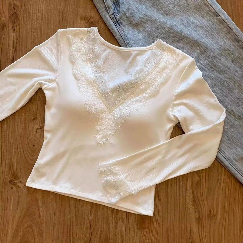 Elegant Lace V-Neck Long-Sleeve Women's Top - Autumn Slim Fit, Luxurious Inner Layer