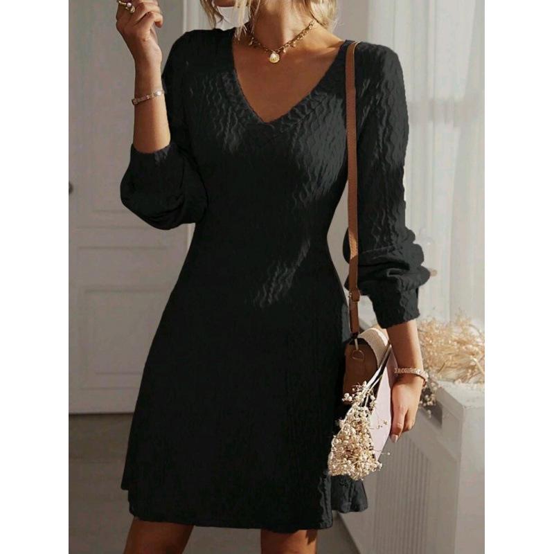Elegant French V-neck A-line Textured Autumn Dress - Women's Long Sleeve Solid Color