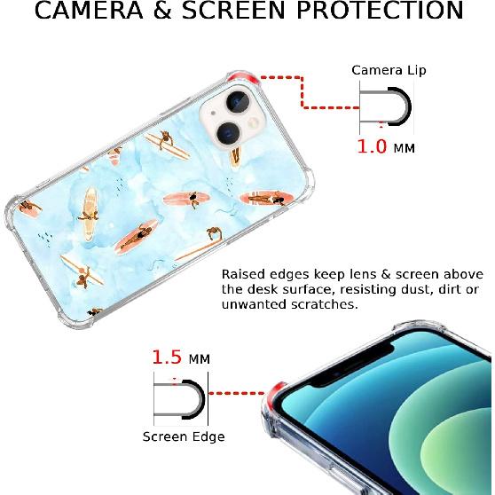 Summer Aesthetic Surf Case Compatible with iPhone 13, Blue Watercolor Surfing Case for iPhone 13, Cool Cute TPU Bumper Phone Case Cover