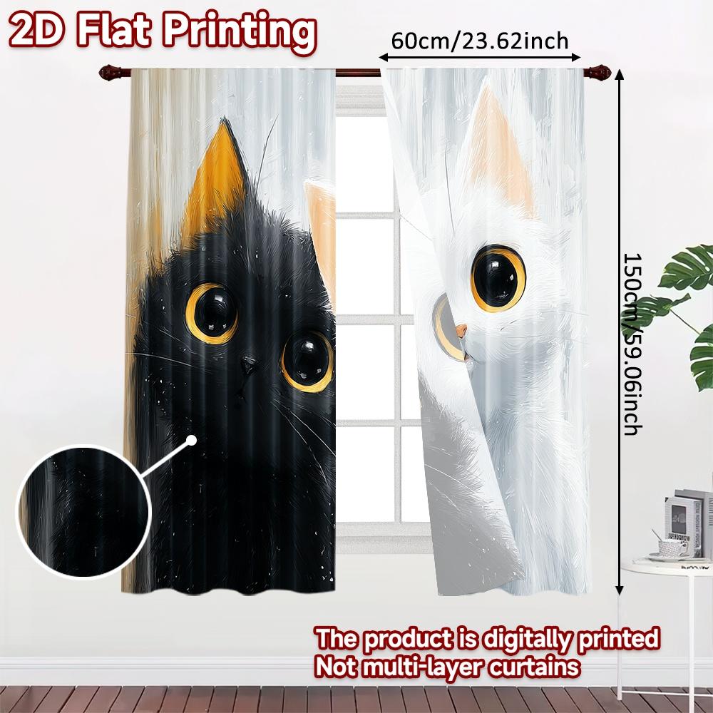 Set Of 2 Flat Printing Drapes Curious Black White Cats Digital Printed Polyester Festive Holiday Indoor Curtains Made