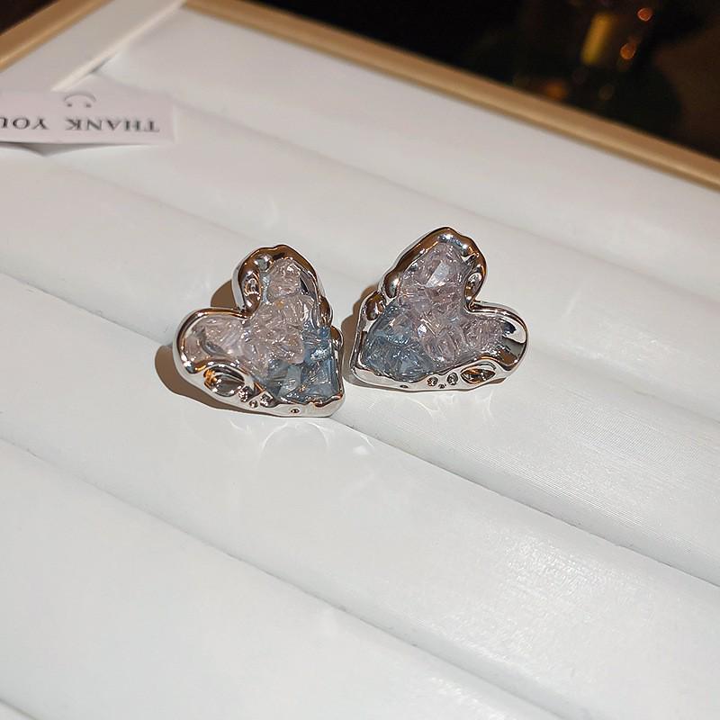 Silver Needle Butterfly Heart Earrings with Blue Gradient Drip - Elegant Autumn/Winter Studs