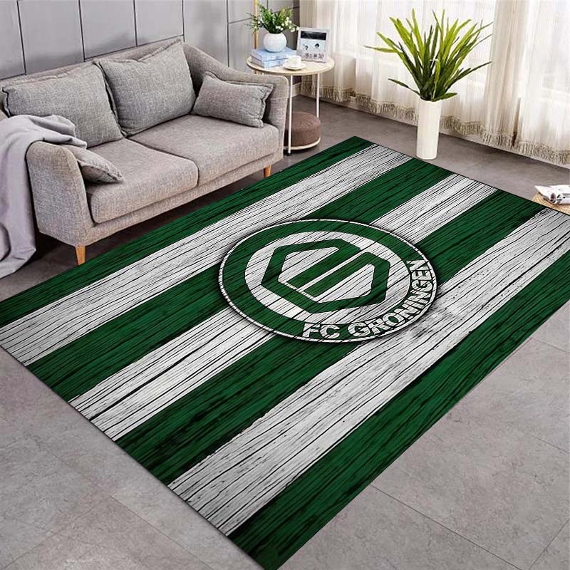FC Groningen Vintage Wood Striped Area Rug Green White Stripe Football Club Logo Non Slip Floor Mat Soccer Fan Living Room Home Decor