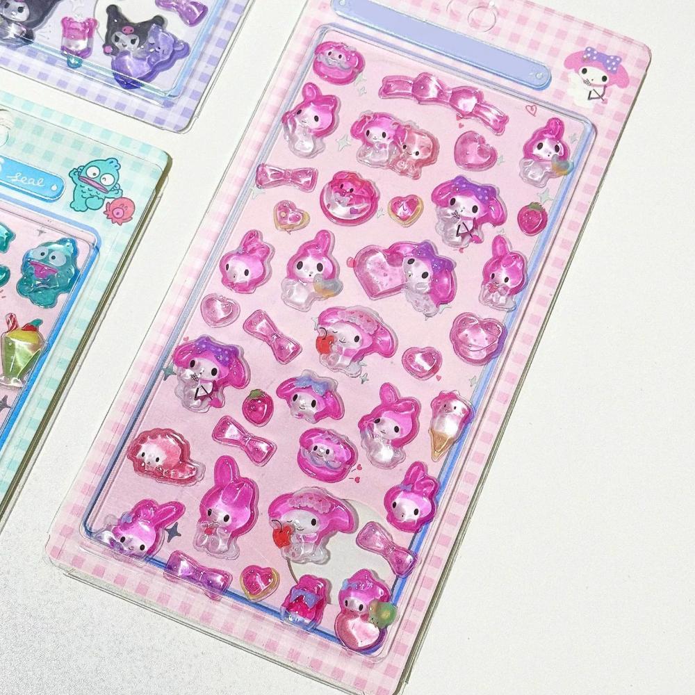 Cute Anime Hellokitty 3D Sanrio Stickers Kuromi Cinnamoroll Transparent Jelly Crystal Decorative Sticker Phone Case DIY Kids Toy