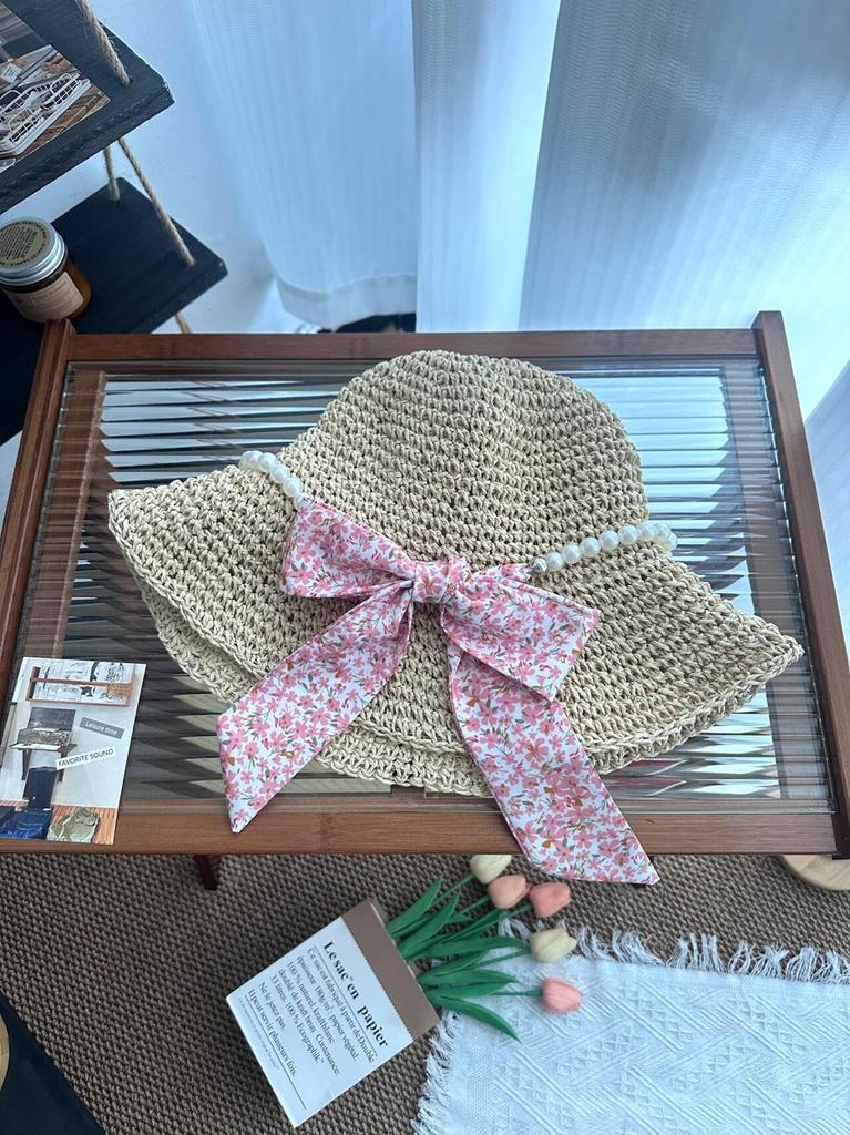 Pearl straw hat summer travel sunscreen sunshade bucket hat new straw seaside vacation net red hat