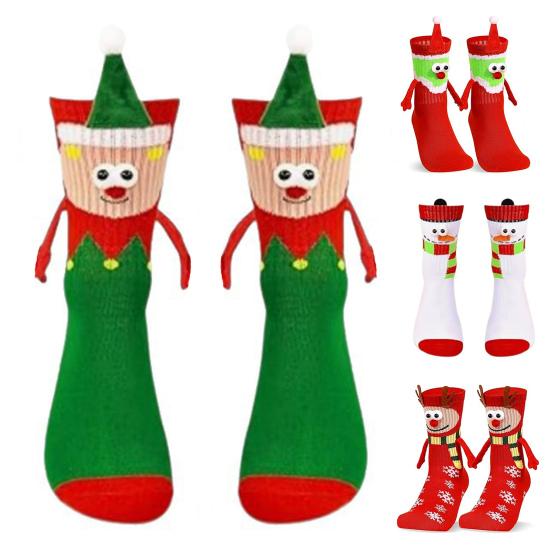 Cartoon Christmas Socks Magnetic Holding Hands Socks Cute Snowman Reindeer New Year Socks Fun Gifts for Girls Teens Birthday Holidays