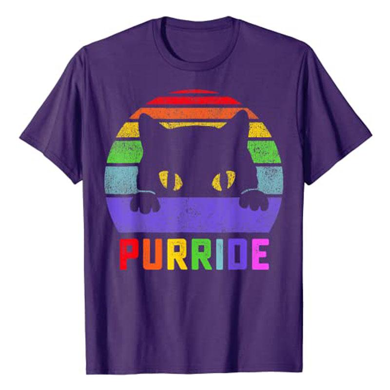 Pride Cat Purride Gay LGBTQ Rainbow Flag Retro T-Shirt Funny Kitty Lover Lesbians Graphic Tee Top Short Sleeve Blouses LGBT Gift