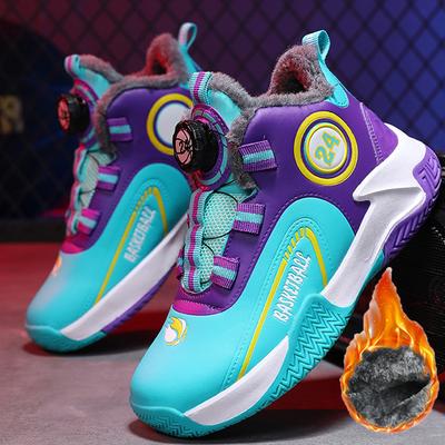 Autumn/Winter Warm Boys' Leather Rotating Buckle Basketball Shoes with Velvet, Children's Sports Professional Basketball Shoes