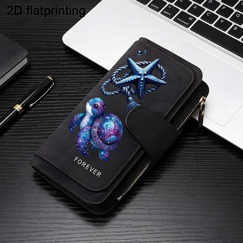 1 Piece Turtle Starfish Women's Long Wallet Tri-fold Card Holder with Multiple Slots Printed Zipper Wallet Cash ID Credit Card Organizer for Travel