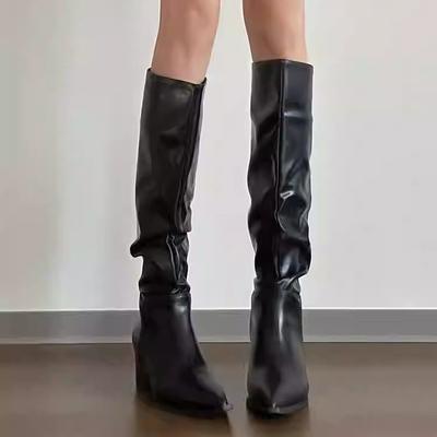 Winter Vintage Women Knee High Boot Concise Slip On Thick Heel Shoes Square Toe Knight Long Booties 2025 New