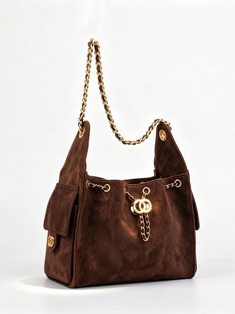 Caviar Hobo Drawstring Bucket Bag: Quilted Chain Shoulder Light Luxury Coco Style Suede