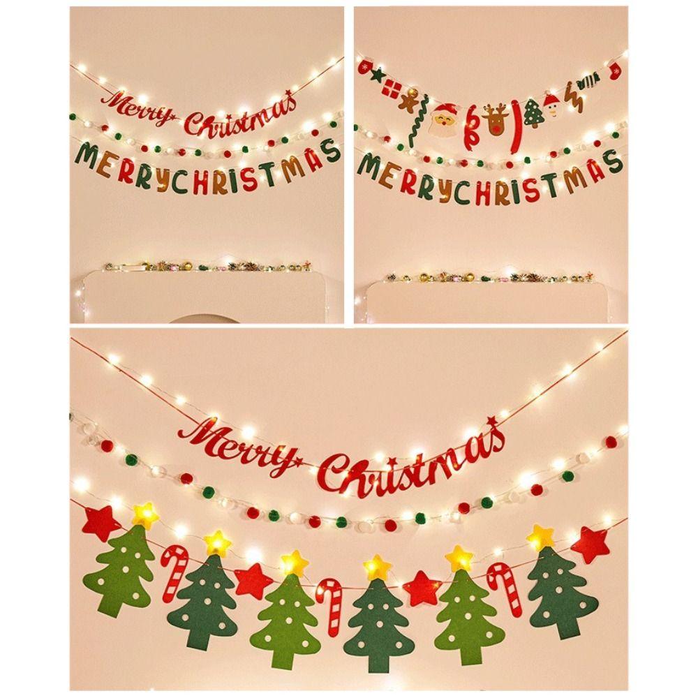 Seasonal Decor Felt Christmas Banner Decorated Furry Balls LED String Light DIY Handmade Christmas Pendant Hanging Decor