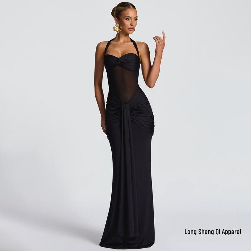 Mesh Patchwork Lace-Up Long Dress