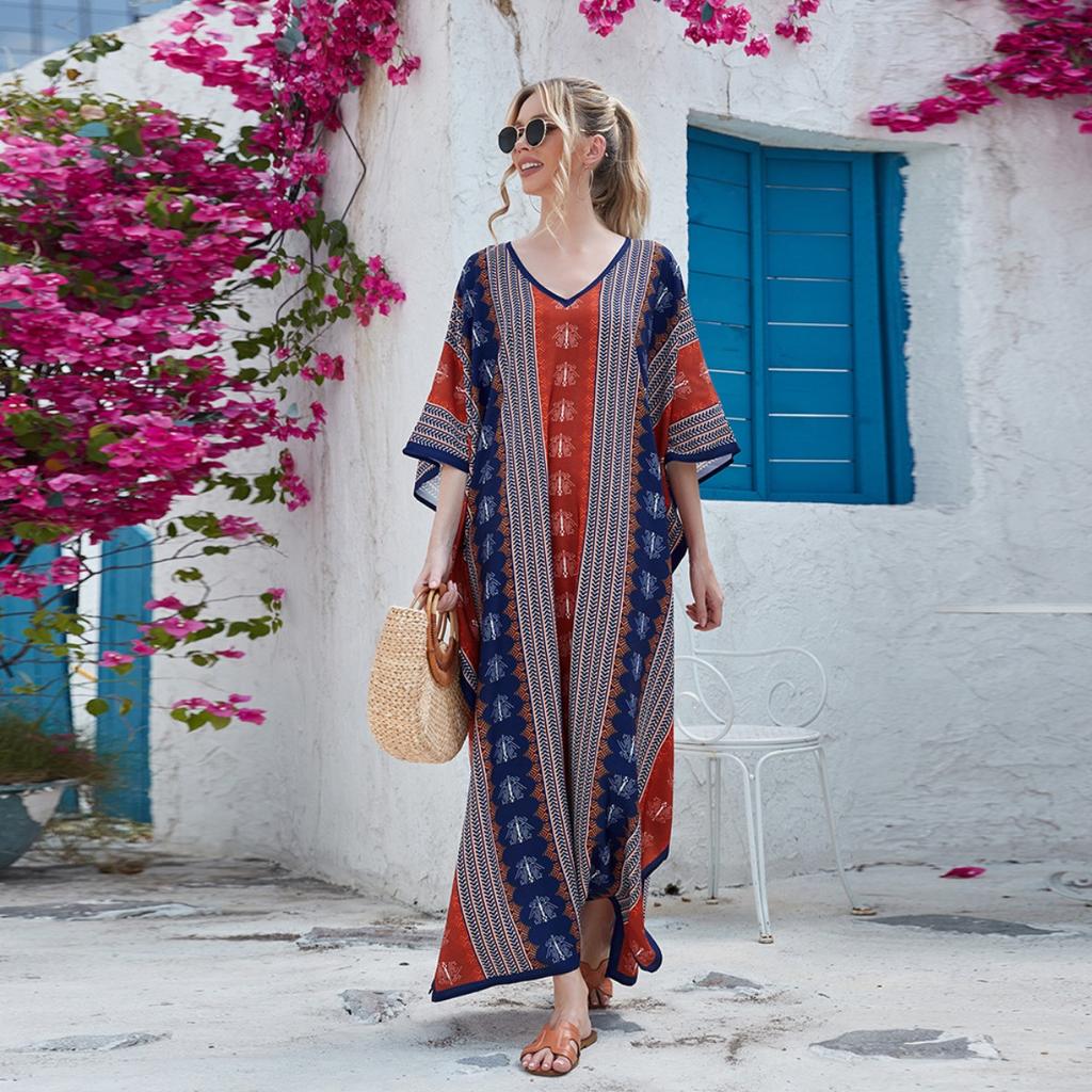7-Color Cross-border Large Size V-neck Dress Beach Blouse Loose Vacation Dress Bikini Blouse 3897