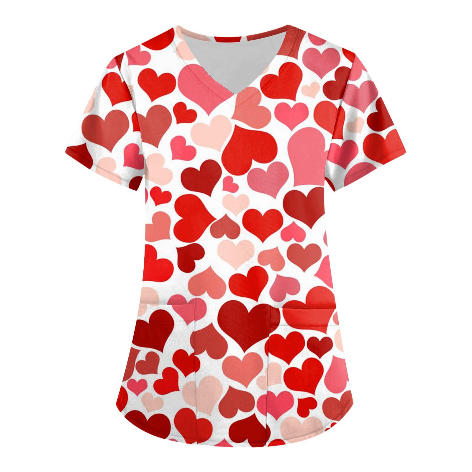 

Жіноча робоча блуза з кишенями з короткими рукавами та V-подібним вирізом із принтом до Дня Святого Валентина XL червоний