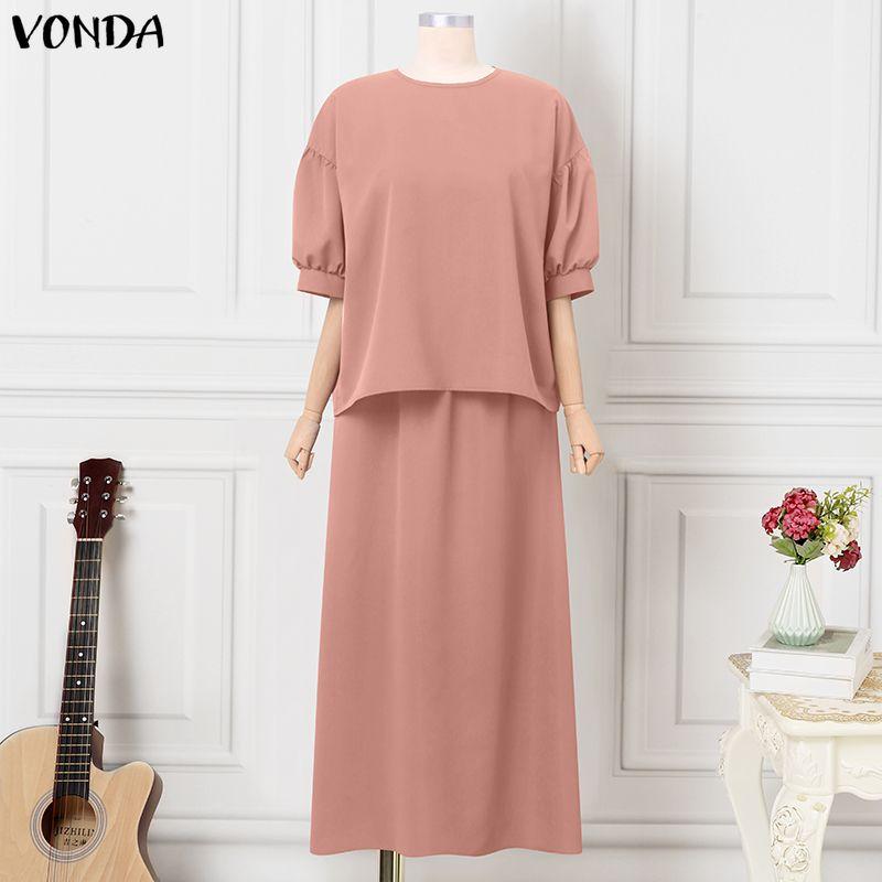 

VONDA Элегантные женские наряды Блузка с пышными рукавами и юбки Повседневные летние костюмы из двух предметов M розовый