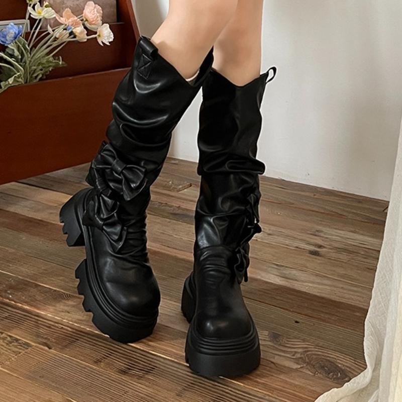

Fashion Designer 2025 New Women High Boots Bow Pleated Heeled Shoes Platform Chunky Chelsea Boots Elegant Winter Knee High Botas Mujer 35 чёрный