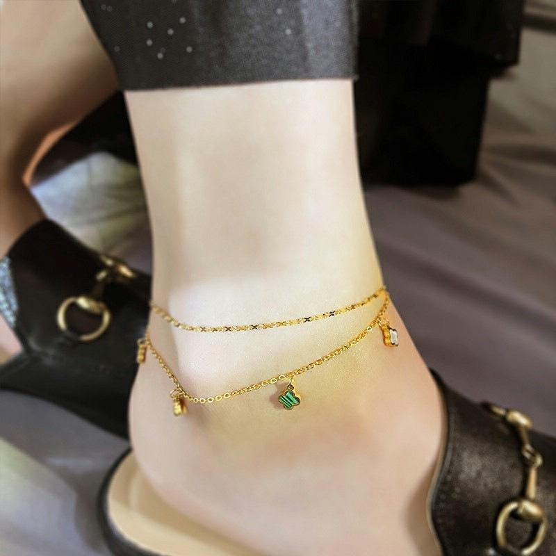 Colorful Four Leaf Clover Ankle Chain, Feminine and Sexy Double Layered Ankle Chain, Titanium Steel Ankle Chain