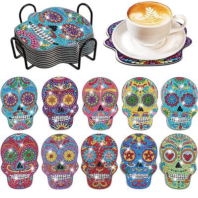 8pc/sets Diamond Painting Coaster With Rack 5D Skull DIY Diamond Mosaic Drink Cup Cushion Table Placemat Crafts Kits