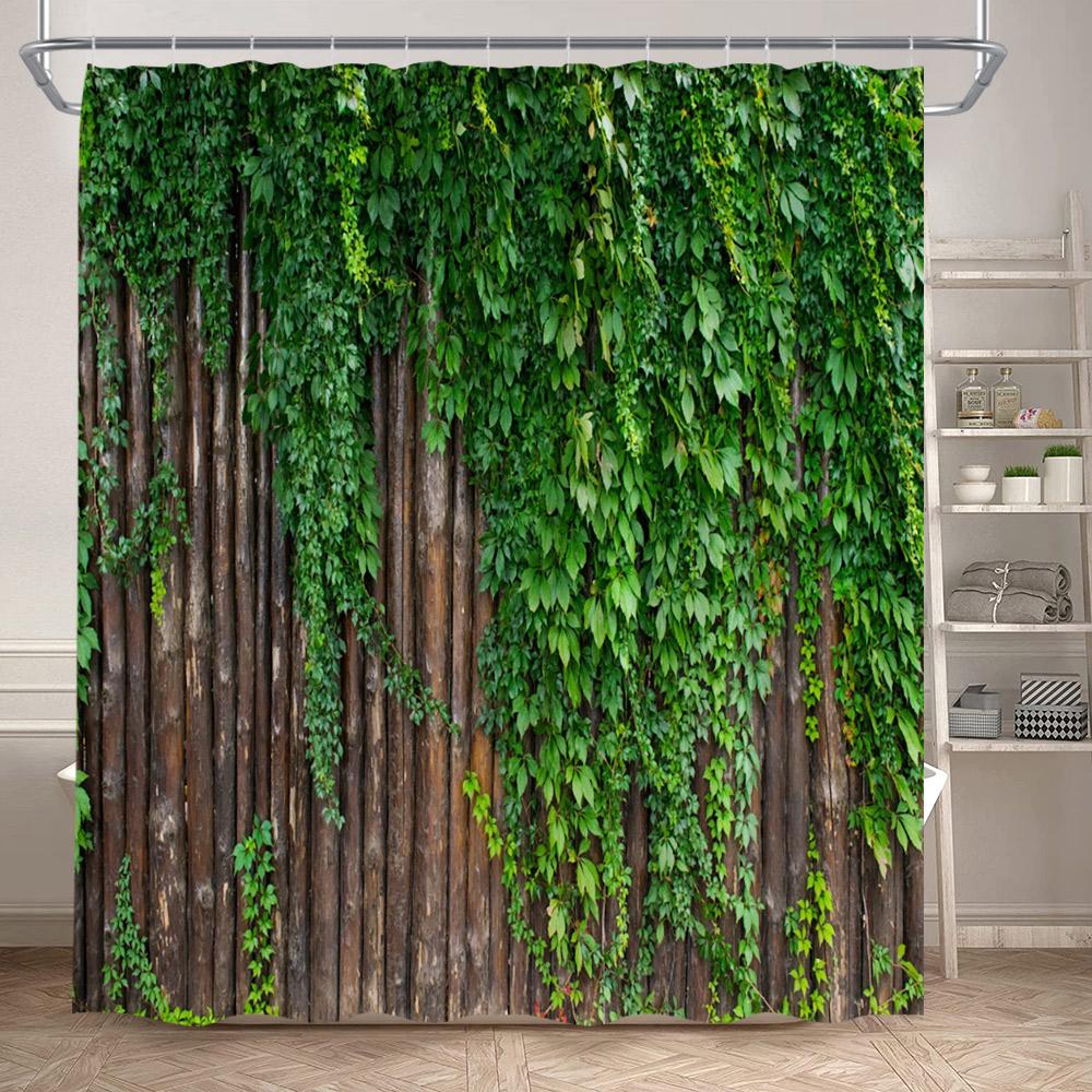 Vintage Brick Wall Green Leaves Shower Curtains Rustic Vine Plant Leaf Grey Stone Polyester Fabric Bathroom Curtain Decorative