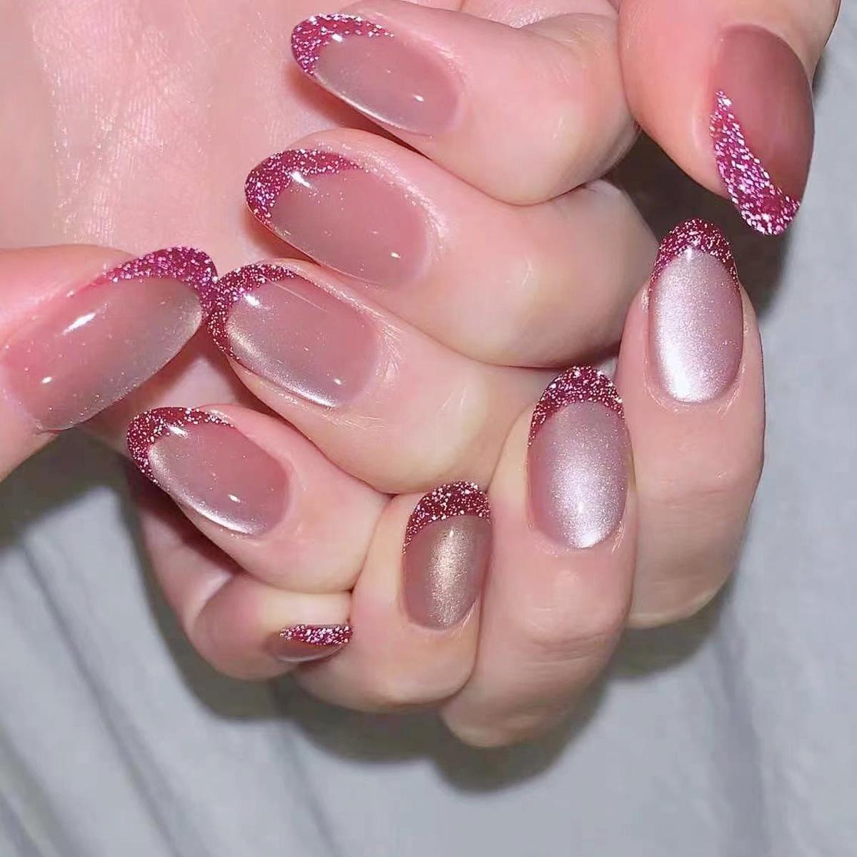 

Oval Glitter French Tip Bling Cat Eye Press-on Nails - Removable Fake Manicure Tips