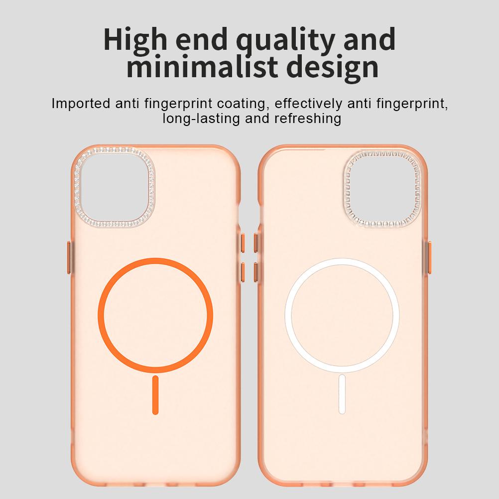 For iPhone 14/13 Case Compatible with MagSafe TPU+PC+PET Phone Cover Rhinestone Decor Lens Frame