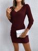 High-Waisted Ruched Dress Autumn Winter Women's New Style Long Sleeve Ruched V-Neck Bodycon Dress