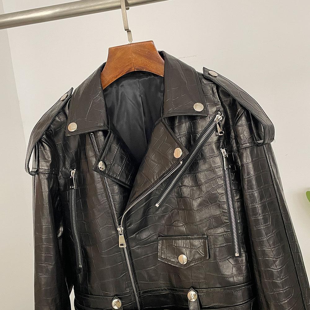 OFTBUY Women Vintage Loose Real Genuine Leather Short Jacket Tie Cuff Motorcycle Jacket Female Zipper Retro Moto Biker Coat Outwear Tops