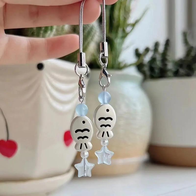 1pc Cute Fish Beaded Phone Charm Strap - ABS Material, Adorable Cartoon Fish Design with Blue Beads, Mobile Phone Lanyard, Keychain for Bags & Phones