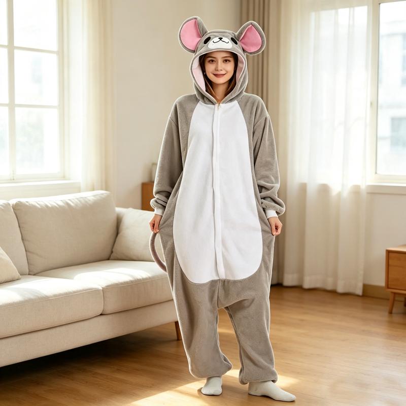 Szary Mysz Kigurumi dla Dorosłych Piżama Anime Kombinezon z Kapturem Polarowy Cosplay na Halloween Odzież Domowa