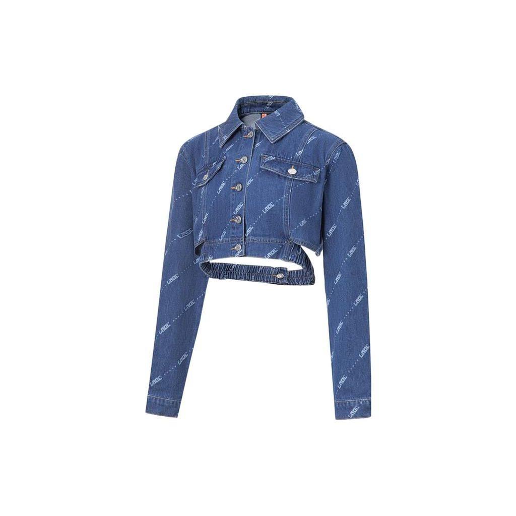 Li Ning Logo All Over Print Single Button Washable Denim Jacket Women Jacket Blue AJDT060-1