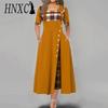 HNXC Women Fashion Casual Irregular Plaid Button Print Maxi Short Sleeve O-Neck Plus Size Party Dress