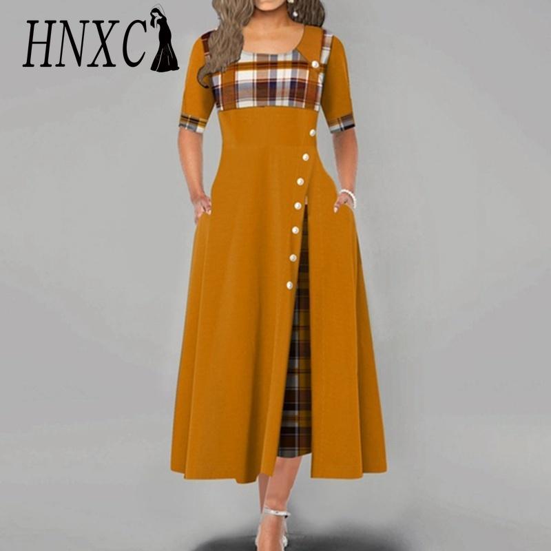 HNXC Women Fashion Casual Irregular Plaid Button Print Maxi Short Sleeve O-Neck Plus Size Party Dress