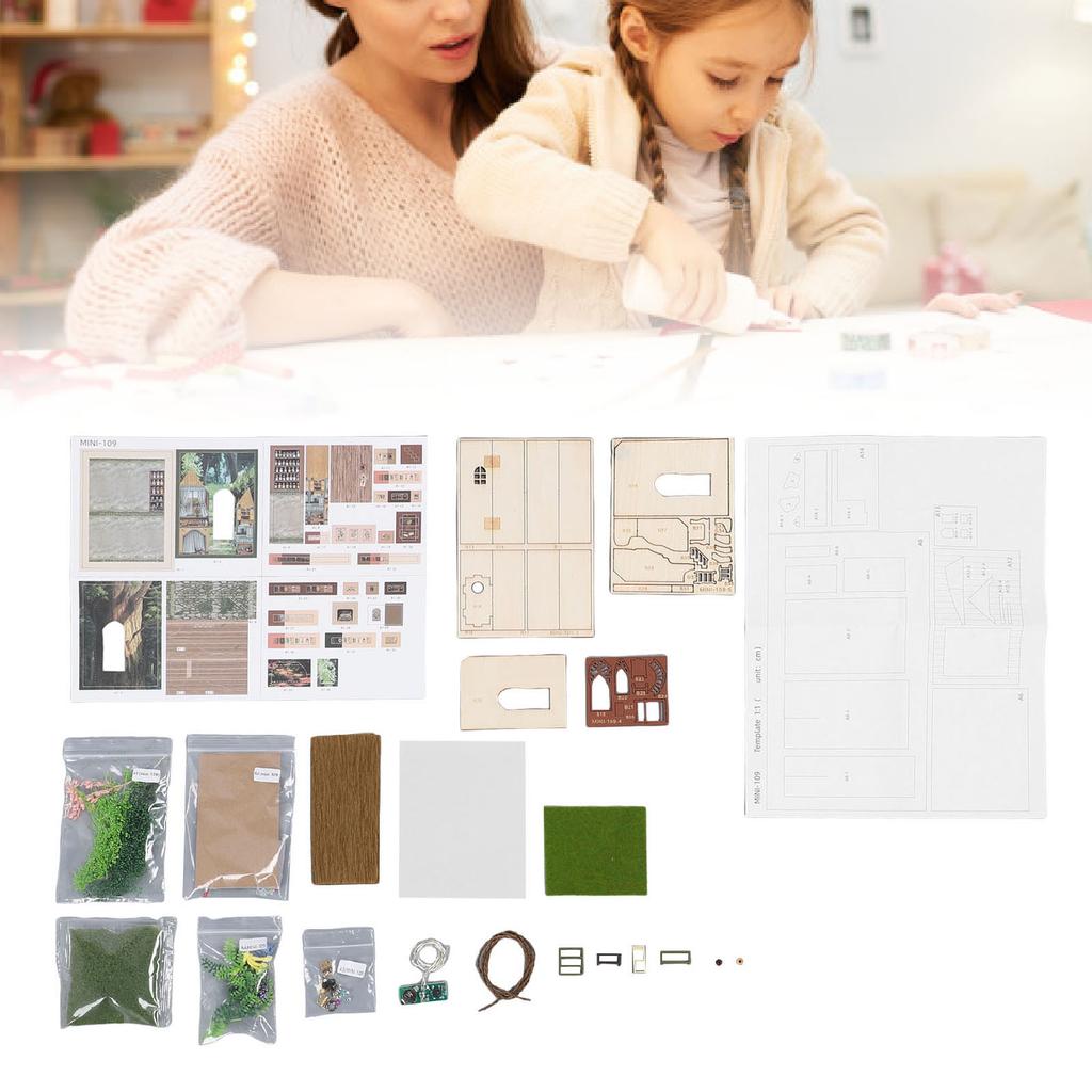 DIY House Kit with Light Strip Opened Closed Miniature Wooden House Assembly Kit Tabletop Decoration
