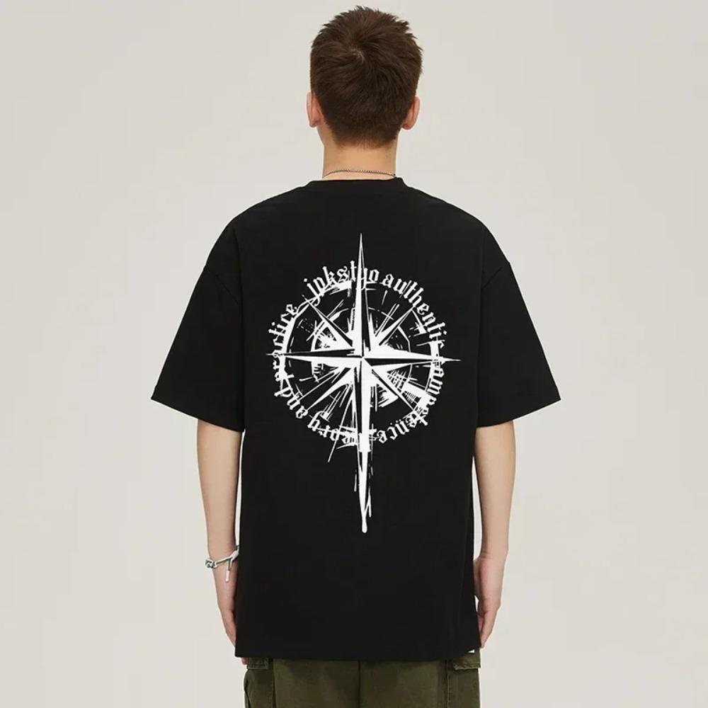 2024 Summer Compass Motif Print Signature Man T-Shirt Premium Cotton Tees Tops Short Sleeve Oversized Men Harajuku