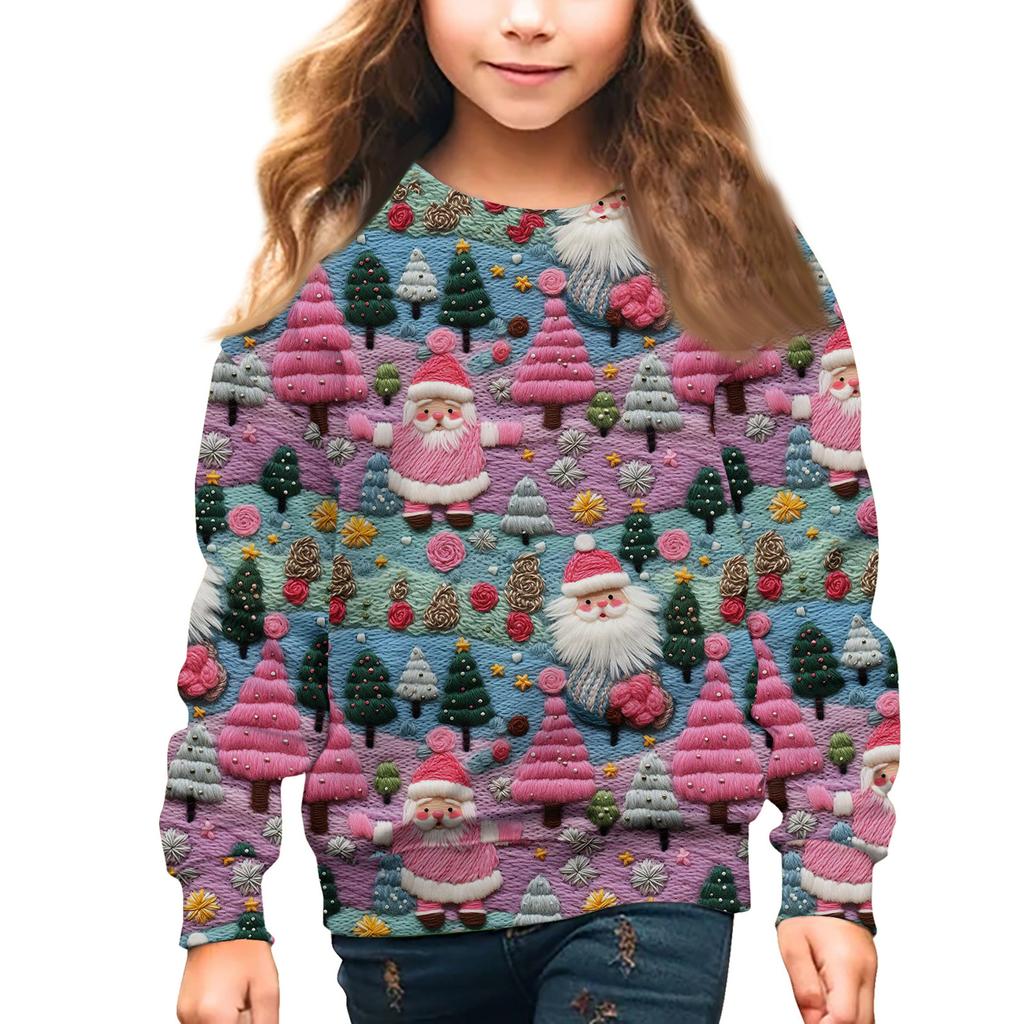 Girls Round Neck Pullovers For Kids Christmas Day Embroidery Printed Tops